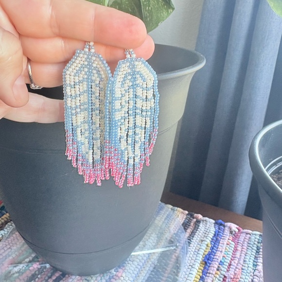 Beaded Fringe Earrings in Blue and Pink - Picture 1 of 1
